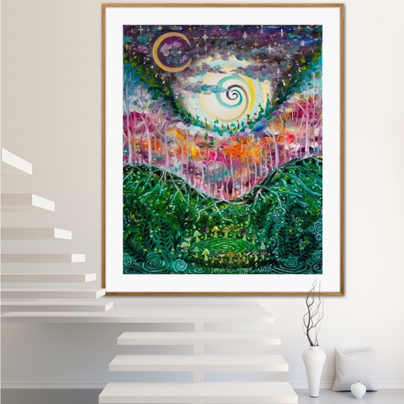 Fairy Ring Art Print Oil Painting fairytale fantasy mushrooms moon forest decor - Picture 5 of 7